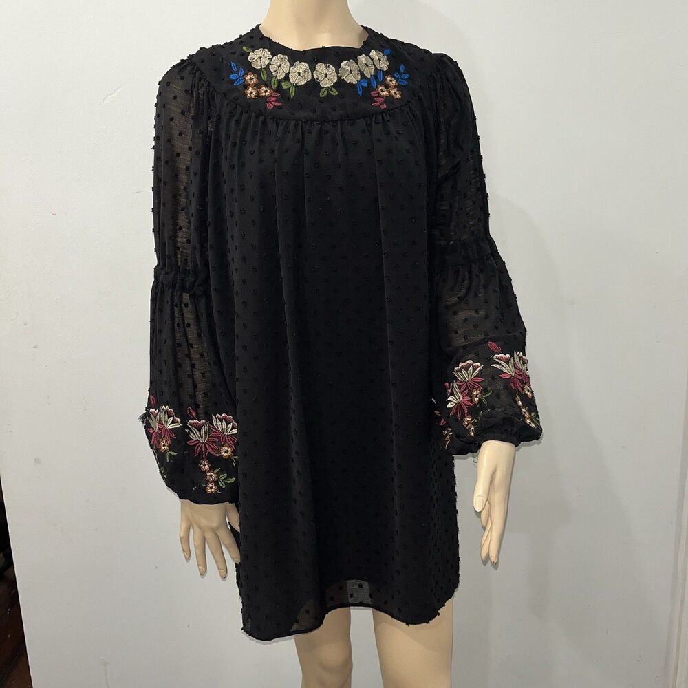 Allison By Antroology Swiss Dot Floral Embroidery Long Sleeve Mini Dress Size L